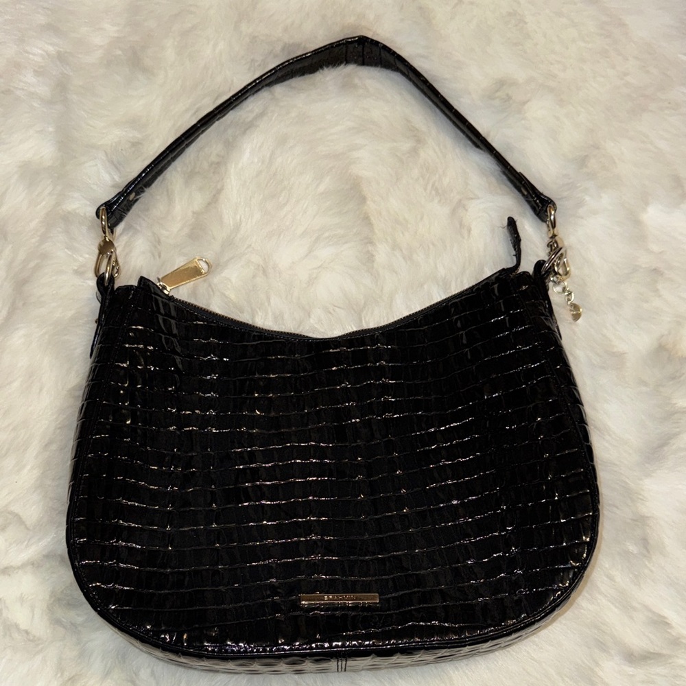 Brahmin Black Croc-Embossed Shoulder Bag with Gold Hardware